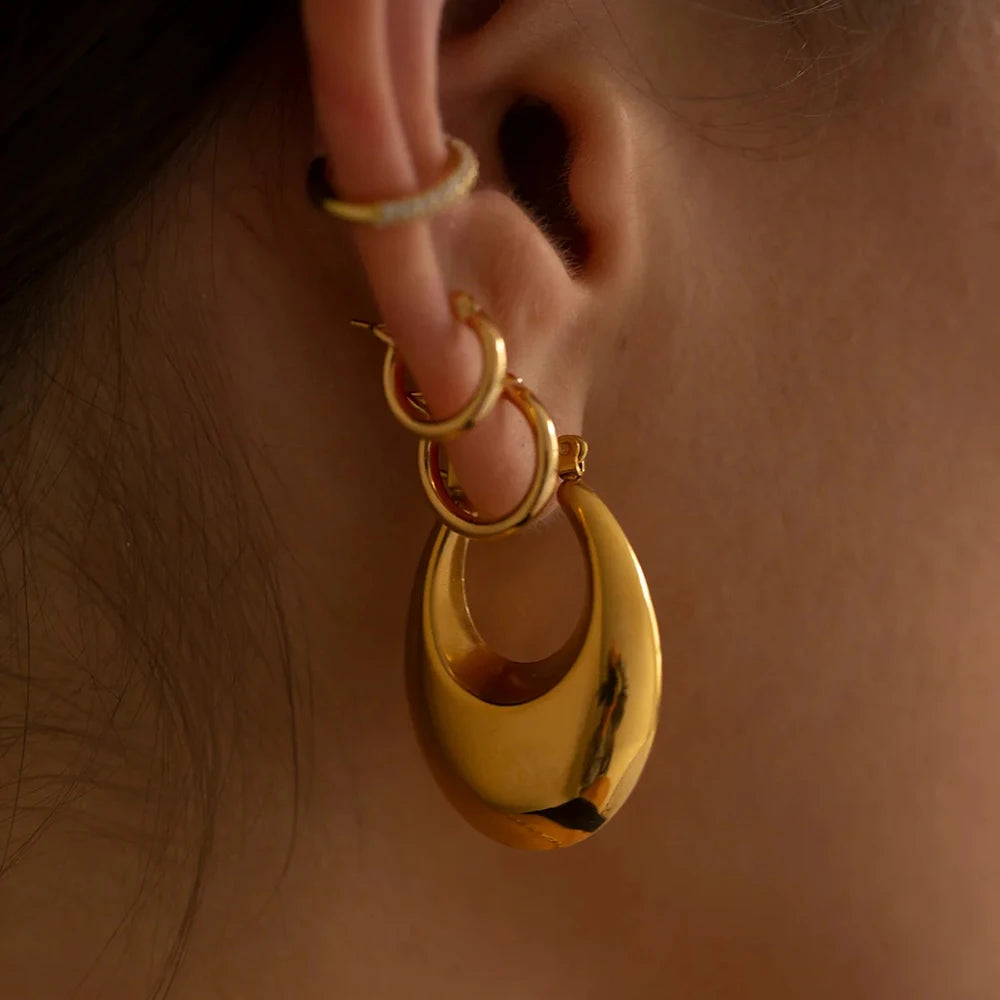 Vintage Chunky Round Earrings for Women Stainless Steel Gold Plated Geometric Gold Plated Thick Hoop Earring Fashion Jewelry